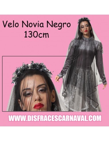 VELO NOVIA NEGRO LARGO 130cm EN DIADEMA CON CALAVERITAS