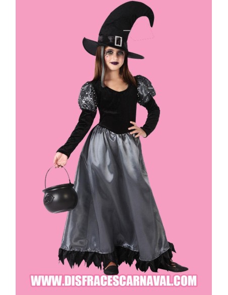 BRUJA GRIS Y NEGRA LARGA CON SOMBRERO infantil