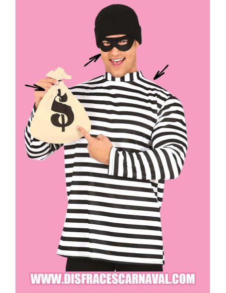 LADRON CAMISETA RAYAS + ANTIFAZ + BOLSA DINERO+GORRO AD