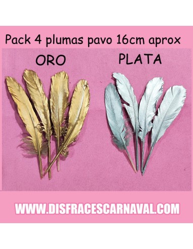 BOLSA 4 PLUMAS PAVO PEQUEÑAS ORO/PLATA 16cm aprox 2024