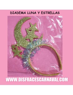 DIADEMA CON LUNA Y ESTRELLAS PURPURINA ORO