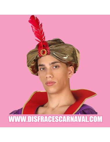 Turbante Lamé Oro con pluma de pavo roja