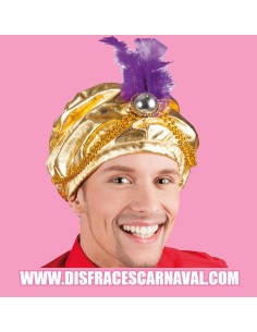 TURBANTE LAME ORO CON JOYA Y PLUMAS