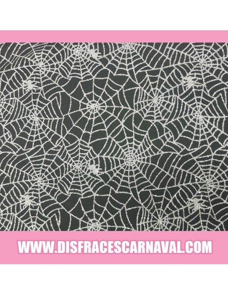 Tejido al corte TUL NEGRO CON TELARAÑAS FLOCADAS BRILLO PLATA 150cm