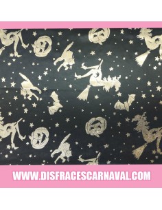Tejido al corte NEGRO ESTAMPADO EN ORO CON BRUJAS 150cm
