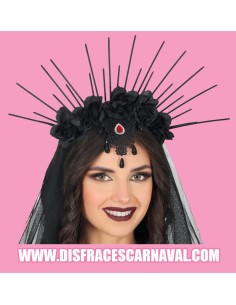 DIADEMA-CORONA FLORES Y RAYOS NEGRA CON VELO NG
