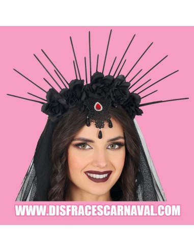 DIADEMA-CORONA FLORES Y RAYOS NEGRA CON VELO NG