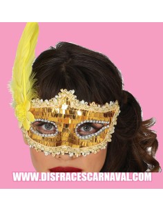 ANTIFAZ VENECIANO LENTEJUELAS ORO Y PLUMAS AMARILLAS