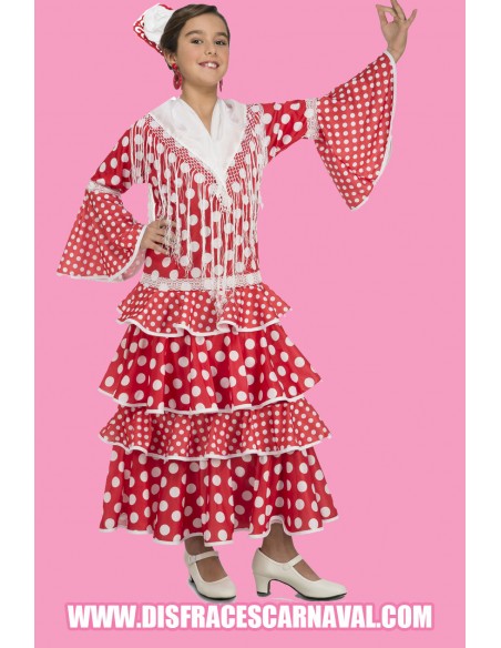 Vestido sevillana 4 volantes rojo-Bl 10-12años